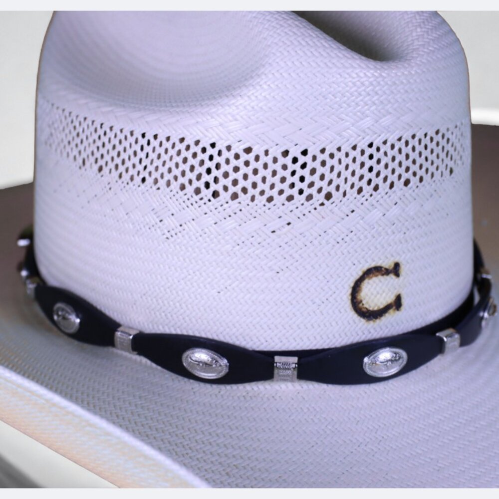 Western Style Longhorn Concho Black Leather Hat Band